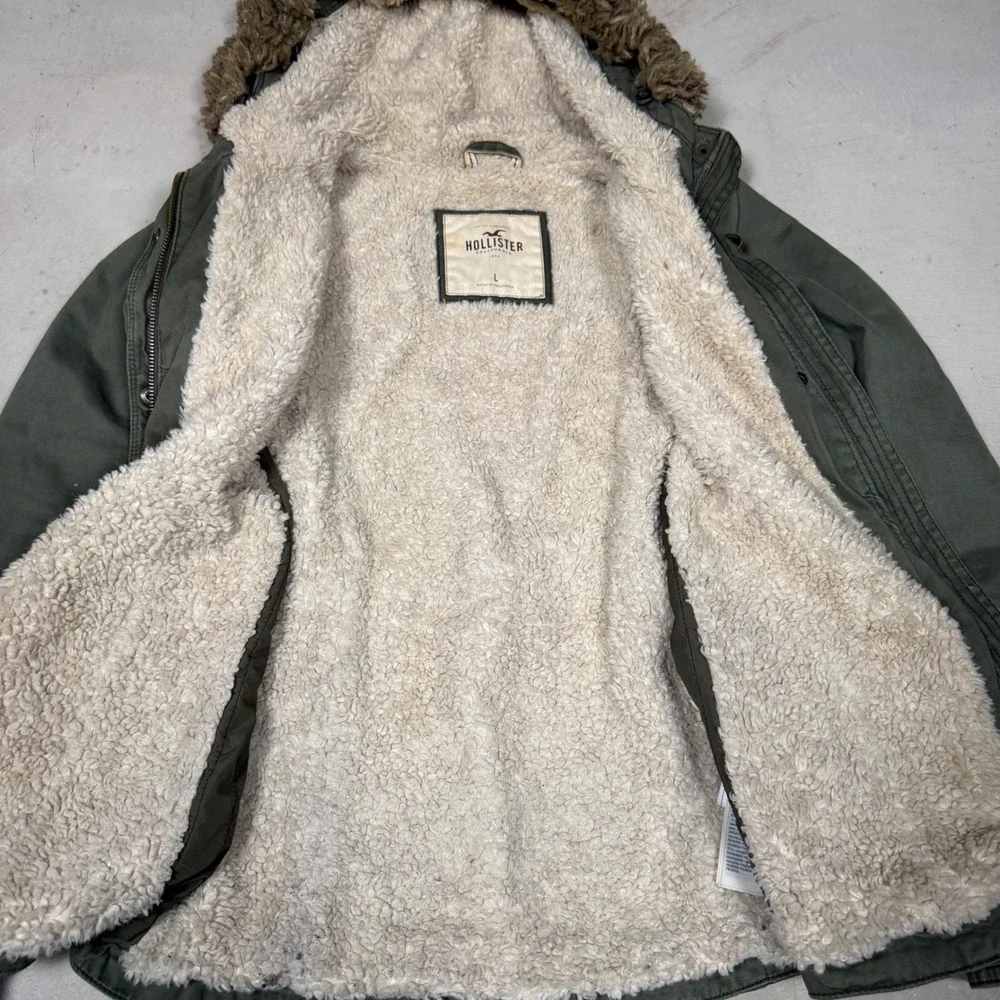 Grail Hollister Women Olive Green Sherpa Lined Parka Jacket Faux‎ Fur Hood Large